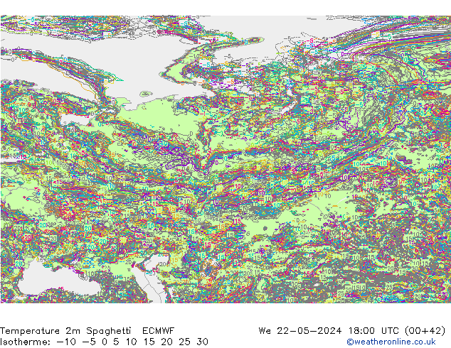 Temperatura 2m Spaghetti ECMWF Qua 22.05.2024 18 UTC