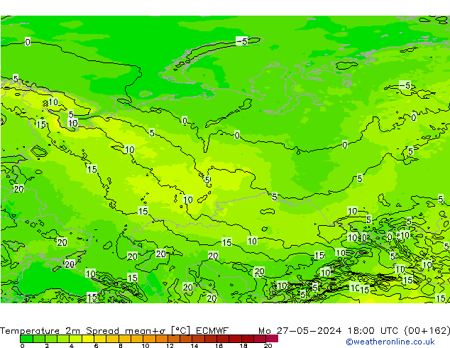 Temperatura 2m Spread ECMWF Seg 27.05.2024 18 UTC