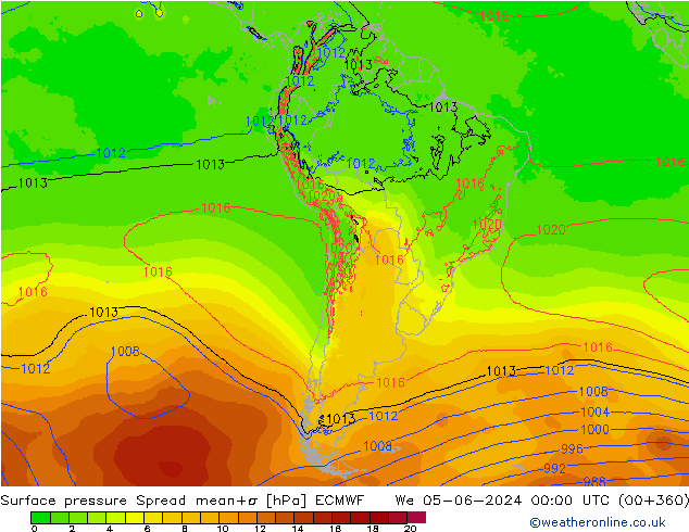 Surface pressure Spread ECMWF We 05.06.2024 00 UTC