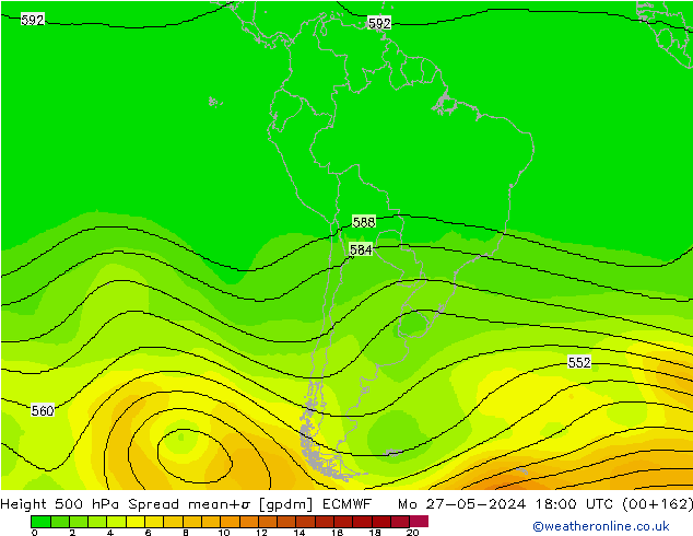 Height 500 гПа Spread ECMWF пн 27.05.2024 18 UTC