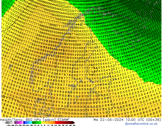 Height/Temp. 850 hPa ECMWF St 22.05.2024 12 UTC