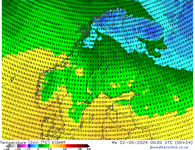 Temperatuurkaart (2m) ECMWF wo 22.05.2024 00 UTC