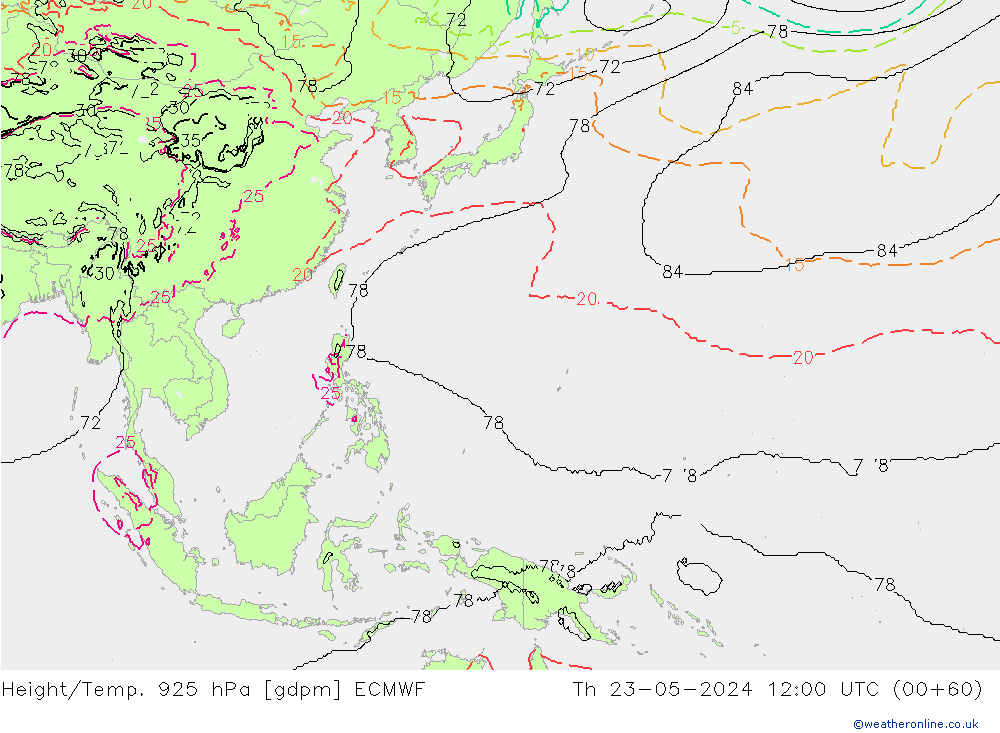 Height/Temp. 925 hPa ECMWF Čt 23.05.2024 12 UTC