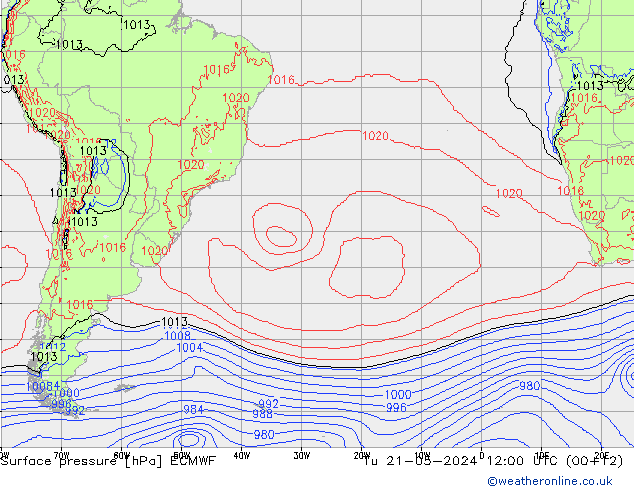 Surface pressure ECMWF Tu 21.05.2024 12 UTC