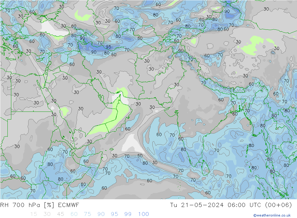 RH 700 hPa ECMWF 星期二 21.05.2024 06 UTC