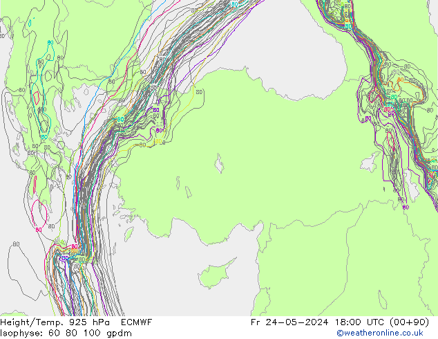Height/Temp. 925 hPa ECMWF Fr 24.05.2024 18 UTC