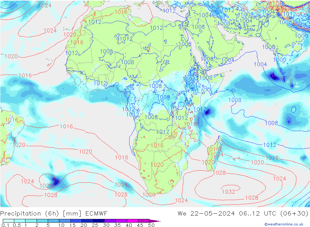 Precipitation (6h) ECMWF We 22.05.2024 12 UTC