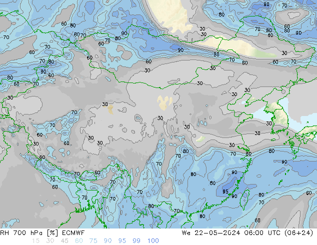 RH 700 hPa ECMWF mer 22.05.2024 06 UTC