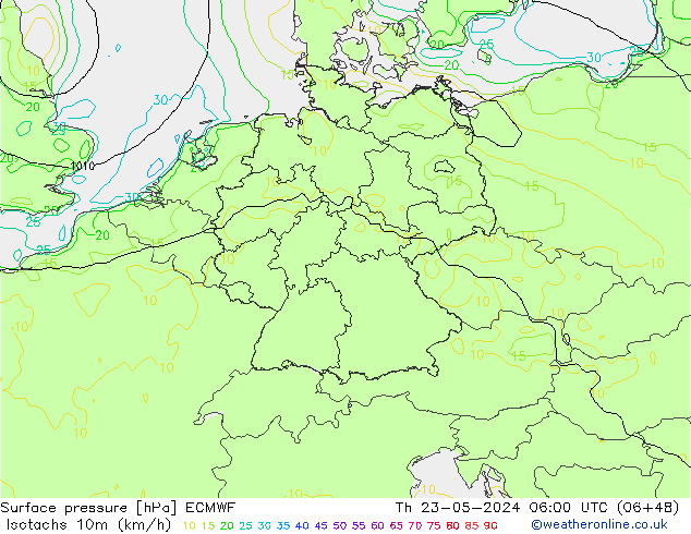 Isotachs (kph) ECMWF Čt 23.05.2024 06 UTC