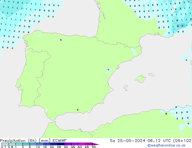 Precipitation (6h) ECMWF Sa 25.05.2024 12 UTC