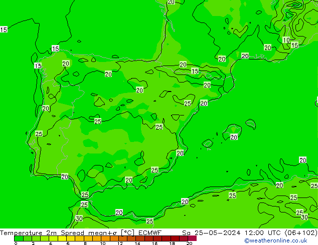 Temperature 2m Spread ECMWF So 25.05.2024 12 UTC