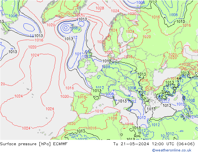 Surface pressure ECMWF Tu 21.05.2024 12 UTC