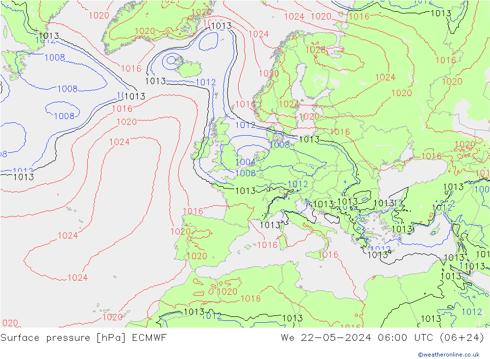 Presión superficial ECMWF mié 22.05.2024 06 UTC
