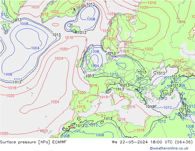 Luchtdruk (Grond) ECMWF wo 22.05.2024 18 UTC