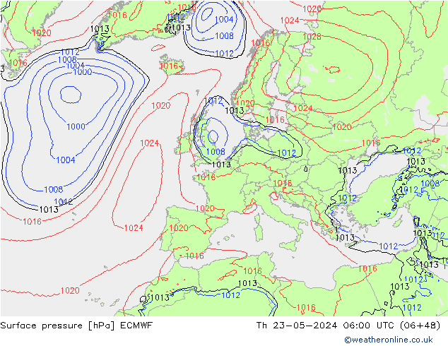 Pressione al suolo ECMWF gio 23.05.2024 06 UTC