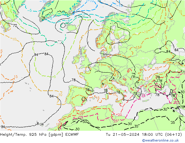Yükseklik/Sıc. 925 hPa ECMWF Sa 21.05.2024 18 UTC