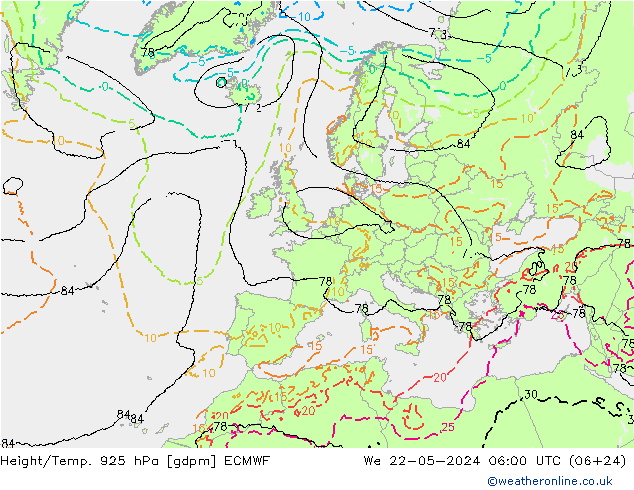 Hoogte/Temp. 925 hPa ECMWF wo 22.05.2024 06 UTC