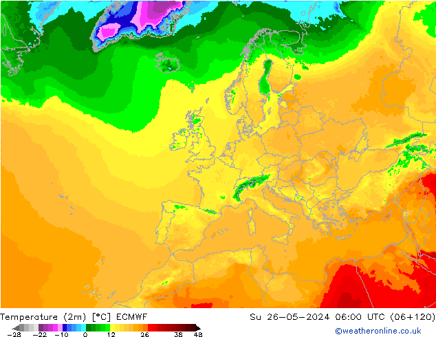 mapa temperatury (2m) ECMWF nie. 26.05.2024 06 UTC