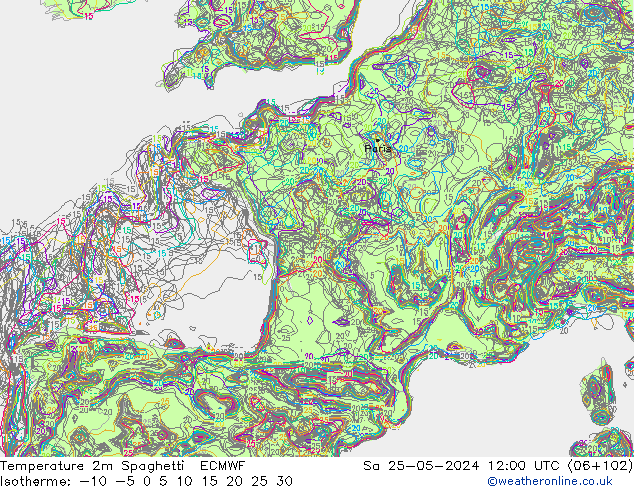 Temperature 2m Spaghetti ECMWF Sa 25.05.2024 12 UTC