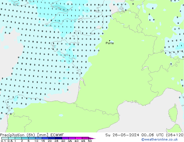 Precipitation (6h) ECMWF Su 26.05.2024 06 UTC