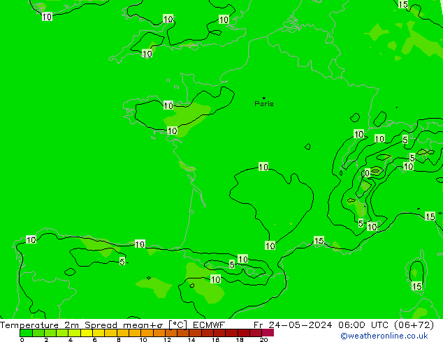 Temperatura 2m Spread ECMWF vie 24.05.2024 06 UTC