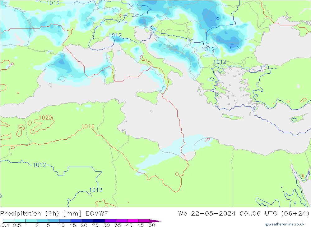 Precipitación (6h) ECMWF mié 22.05.2024 06 UTC