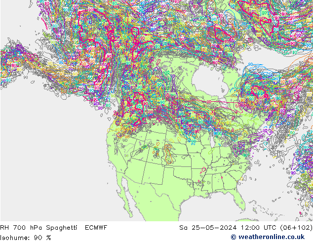RH 700 hPa Spaghetti ECMWF  25.05.2024 12 UTC