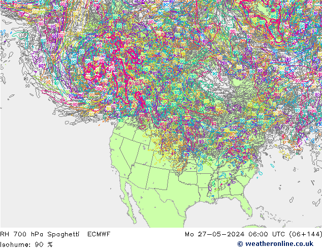 Humidité rel. 700 hPa Spaghetti ECMWF lun 27.05.2024 06 UTC