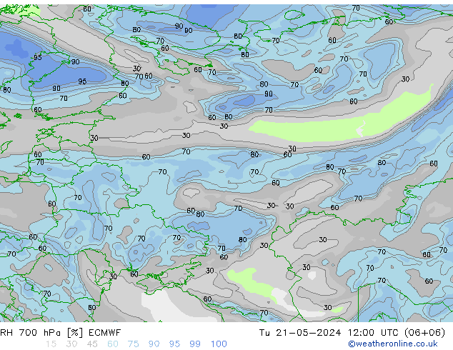 Humedad rel. 700hPa ECMWF mar 21.05.2024 12 UTC