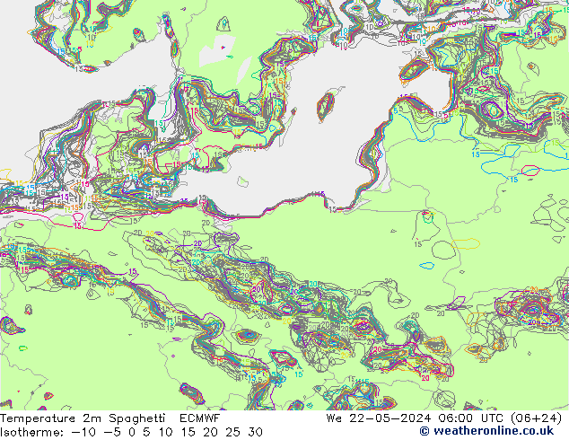température 2m Spaghetti ECMWF mer 22.05.2024 06 UTC
