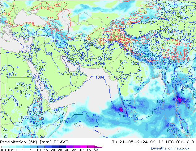 降水量 (6h) ECMWF 星期二 21.05.2024 12 UTC