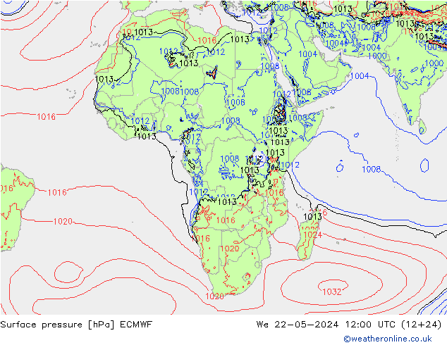 Surface pressure ECMWF We 22.05.2024 12 UTC