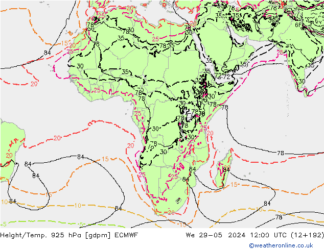 Geop./Temp. 925 hPa ECMWF mié 29.05.2024 12 UTC