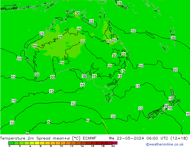 Temperatura 2m Spread ECMWF Qua 22.05.2024 06 UTC