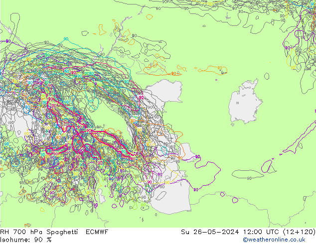 RH 700 hPa Spaghetti ECMWF Su 26.05.2024 12 UTC