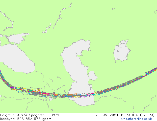Height 500 hPa Spaghetti ECMWF Út 21.05.2024 12 UTC
