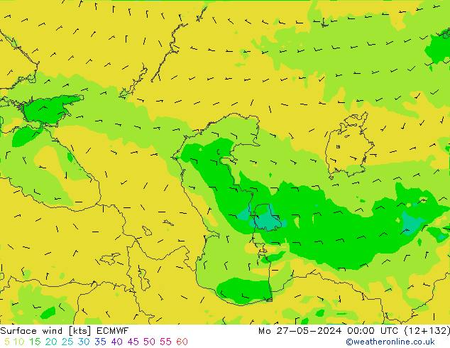 wiatr 10 m ECMWF pon. 27.05.2024 00 UTC