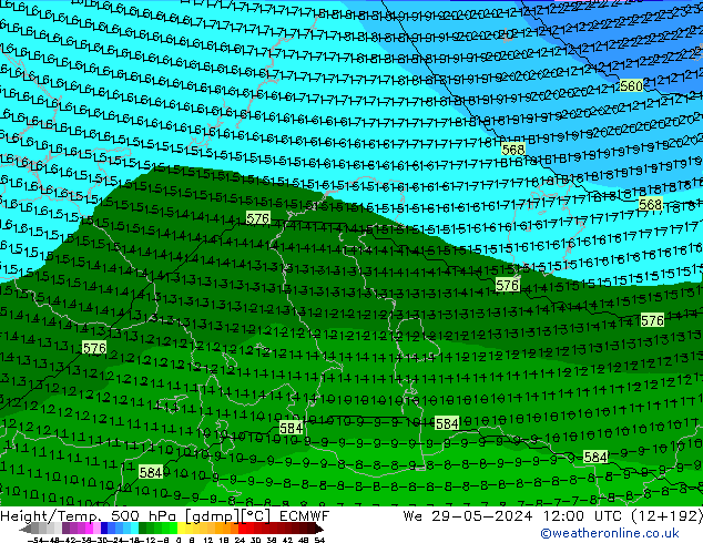 Height/Temp. 500 hPa ECMWF mer 29.05.2024 12 UTC