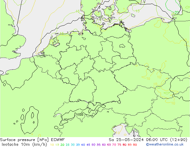 Isotachen (km/h) ECMWF za 25.05.2024 06 UTC