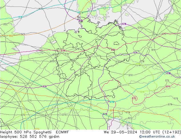 Height 500 hPa Spaghetti ECMWF Mi 29.05.2024 12 UTC