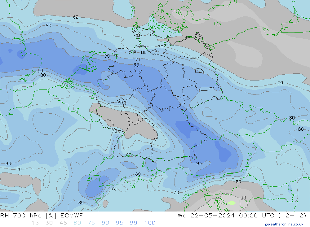 Humidité rel. 700 hPa ECMWF mer 22.05.2024 00 UTC