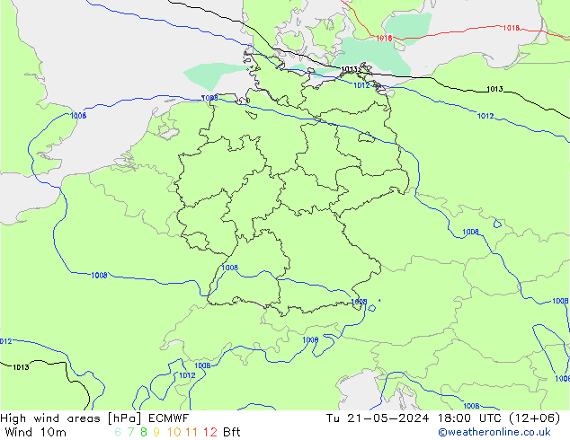 High wind areas ECMWF вт 21.05.2024 18 UTC