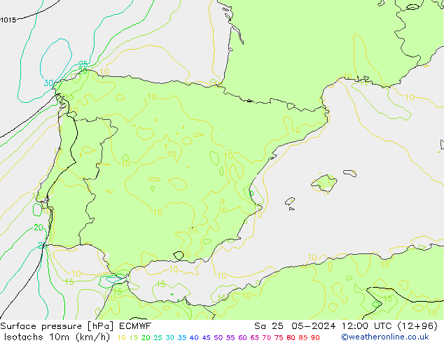 Isotachs (kph) ECMWF сб 25.05.2024 12 UTC
