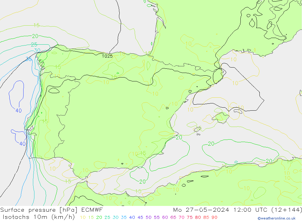 Isotachs (kph) ECMWF lun 27.05.2024 12 UTC