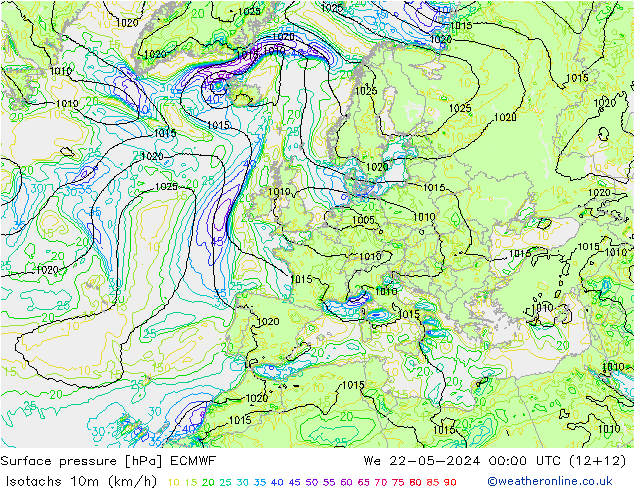 Isotachen (km/h) ECMWF Mi 22.05.2024 00 UTC