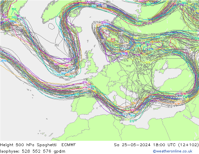 Height 500 hPa Spaghetti ECMWF Sa 25.05.2024 18 UTC