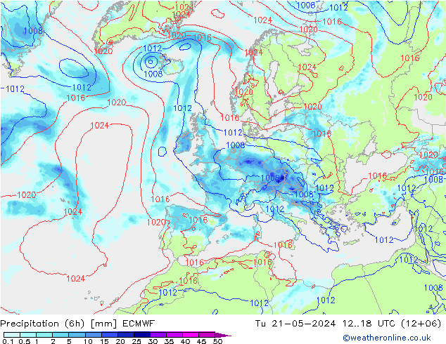 Precipitation (6h) ECMWF Út 21.05.2024 18 UTC