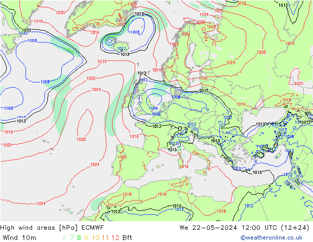High wind areas ECMWF We 22.05.2024 12 UTC