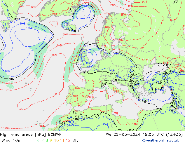High wind areas ECMWF mié 22.05.2024 18 UTC