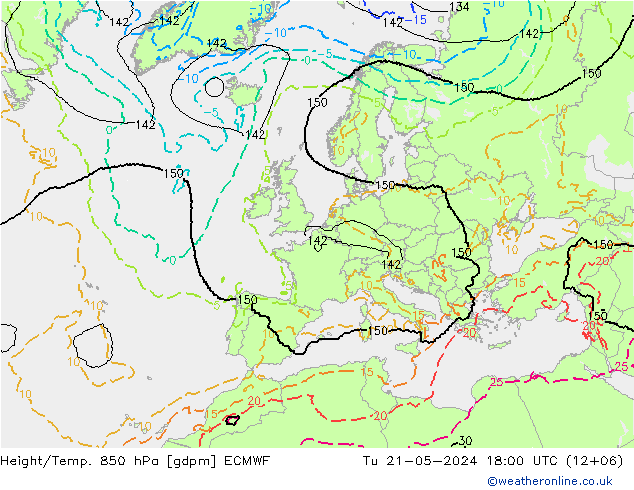 Géop./Temp. 850 hPa ECMWF mar 21.05.2024 18 UTC